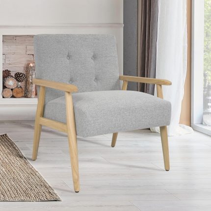 Modern Accent Chair – Light Gray Woven Upholstery with Wooden Armrests & Legs